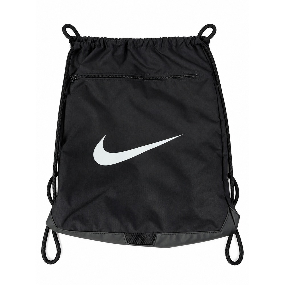 Nike Black Drawstring Gym Sack Backpack Swoosh Zip Pocket Athletic Bag